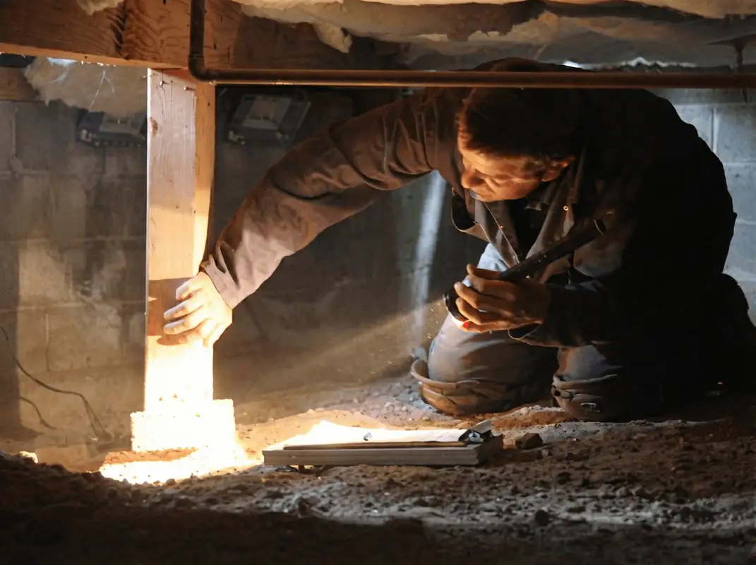 A professional inspecting wooden beams under the floor of a structure in Tuscaloosa, AL